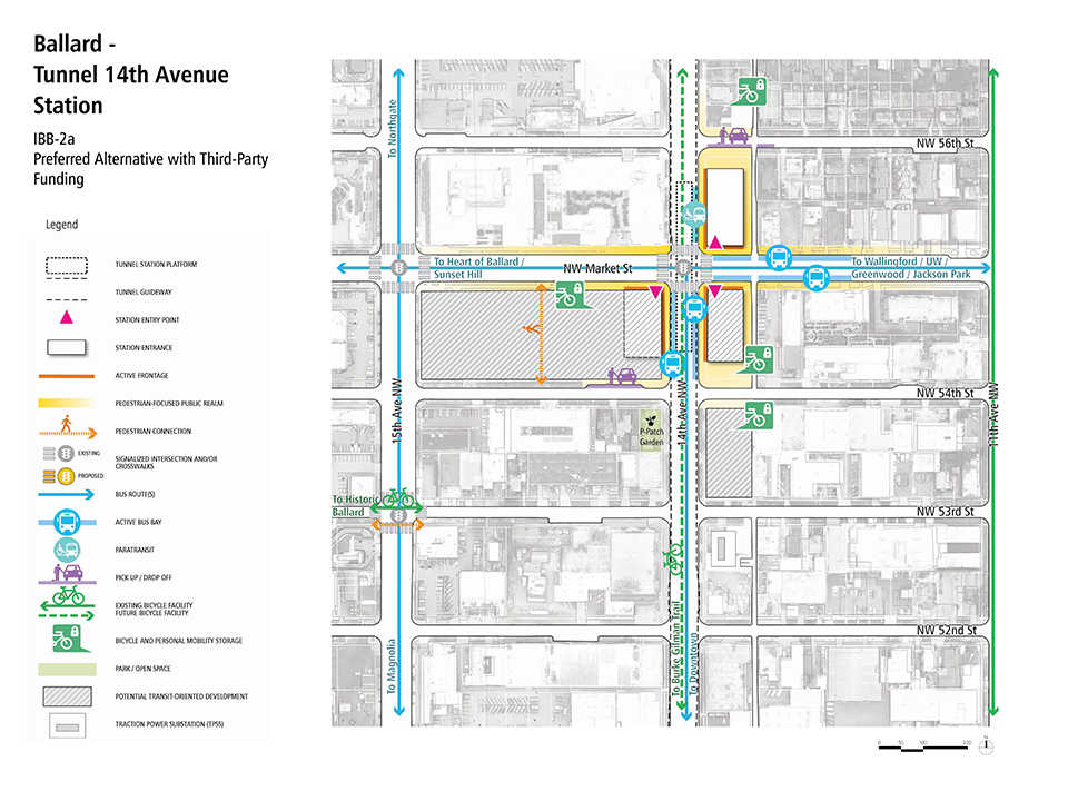 A map describes how pedestrians, bus riders, streetcar riders, bicyclists, and drivers could access the Ballard – Tunnel Fourteenth Avenue Station.